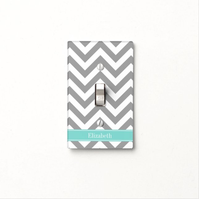 Dk Gray White LG Chevron Turquoise Name Monogram Light Switch Cover (In Situ)