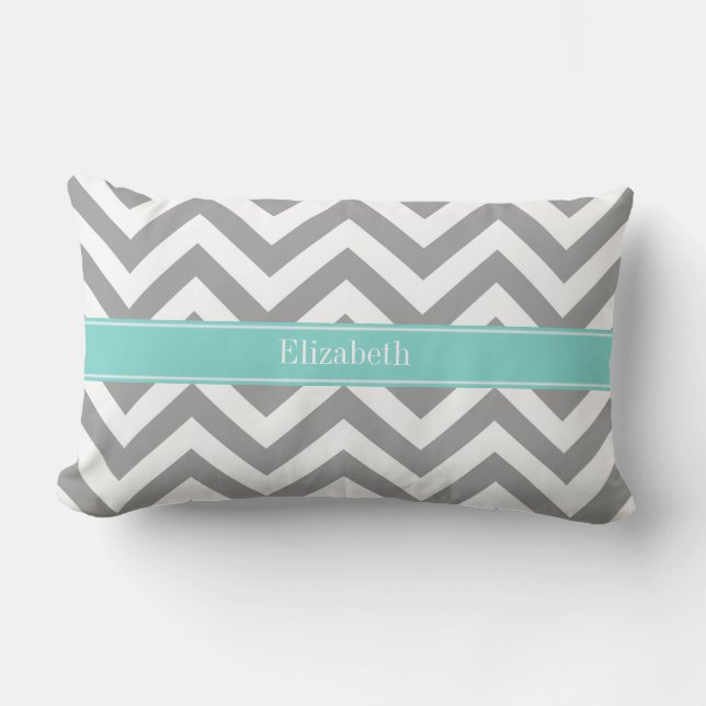 Dk Gray White LG Chevron Turquoise Name Monogram Lumbar Pillow (Front)
