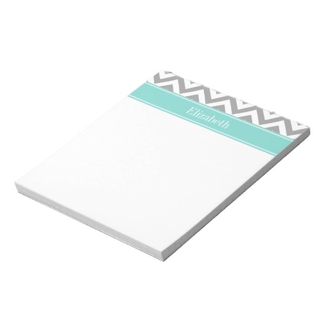 Dk Gray White LG Chevron Turquoise Name Monogram Notepad (Rotated)