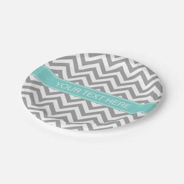 Dk Gray White LG Chevron Turquoise Name Monogram Paper Plates (Angled)