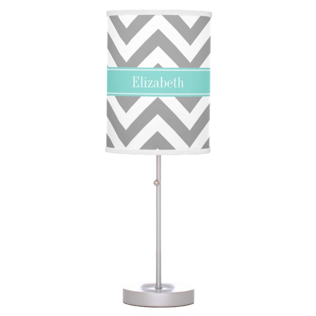 Dk Gray White LG Chevron Turquoise Name Monogram Table Lamp (Front)