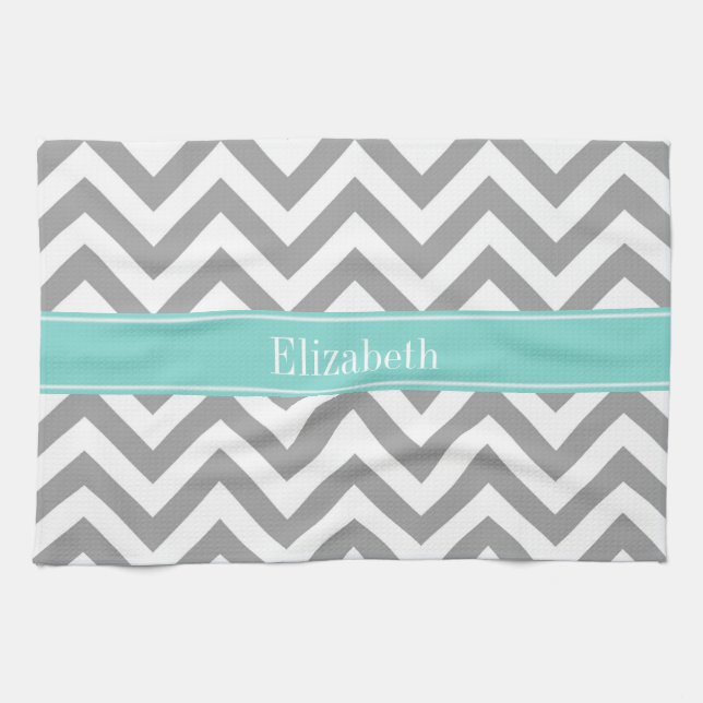 Dk Gray White LG Chevron Turquoise Name Monogram Towel (Horizontal)