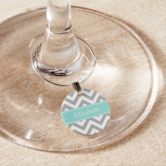 Dk Gray White LG Chevron Turquoise Name Monogram Wine Charm (In Situ)
