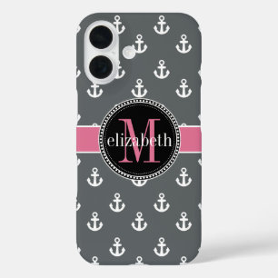 Dk Gray White Pink Ship Anchors Monogram iPhone 16 Case