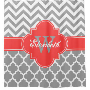 Dk Gray Wht Coral Red Moroccan #5 Chevron 1IQRN Shower Curtain