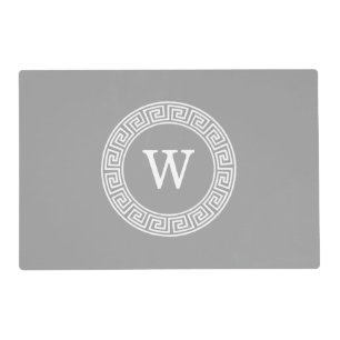 Dk Gray Wht Greek Key Rnd Frame Initial Monogram Placemat