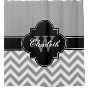 Dk Gray Wht LG Chevron Black 1ICBR Name Monogram Shower Curtain