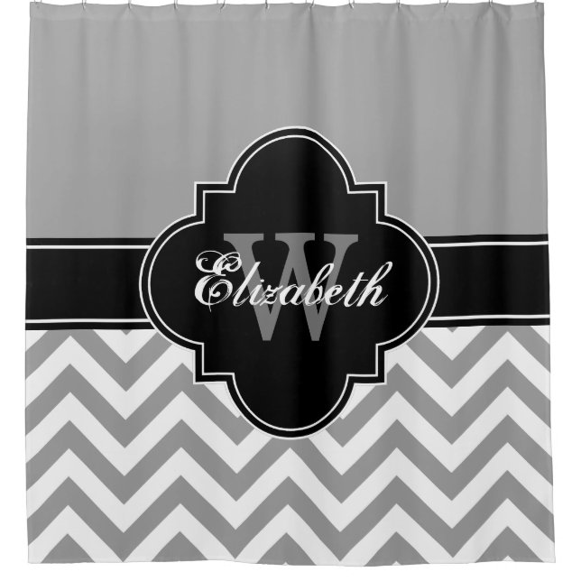 Dk Gray Wht LG Chevron Black 1ICBR Name Monogram Shower Curtain (Front)