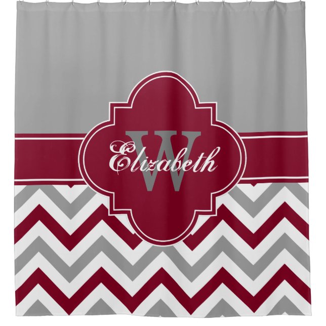 Dk Gray Wt Burgundy LG Chevron 1ICBR Name Monogram Shower Curtain (Front)