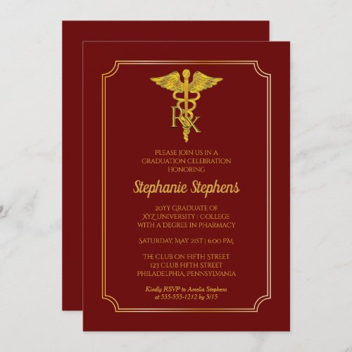 Dk Red  Gold Rx Pharmacy Graduation Party Invitation