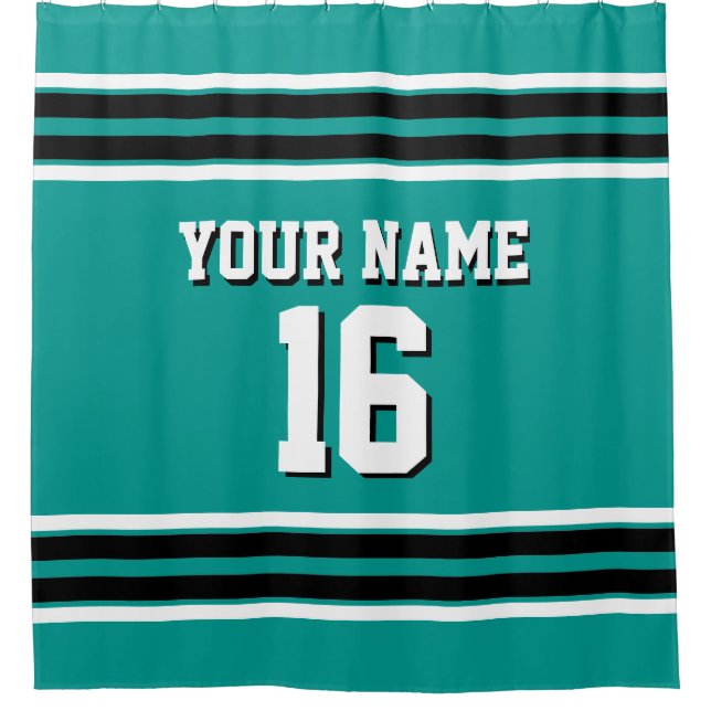 Dk Teal Black White Stripes Sports Jersey Shower Curtain (Front)