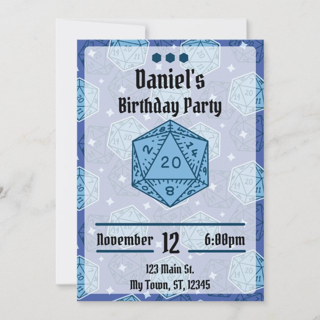 DnD Birthday Party DnD D20 Blue Dice Invitation (Front)