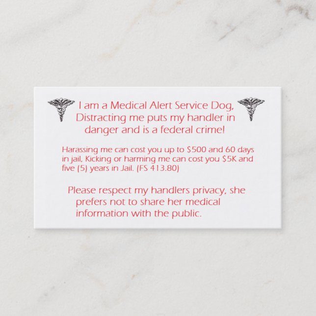 Do NOT Distract service dog- federal crime! Business Card (Front)