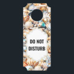Do not disturb | clean room beach shell collage door hanger<br><div class="desc">A beautiful collage featuring AI generated scallop, clam and oyster shells, some of which have pretty pearls resting inside them, in shades of blue, brown, bronze, ivory and beige set in a collage which has a scallop shaped frame edged with faux gold on it. The banner has templates for your...</div>