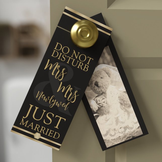 Do Not Disturb The Mrs Newlyweds Photo Door Hanger (Upload your photo to this black and gold Do Not Disturb the Mrs door hanger and sshhhh)