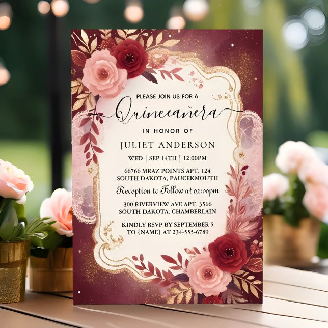 Do Silver Plum Lace Gown Boho Burgundy Quinceanera Invitation (Creator Uploaded)