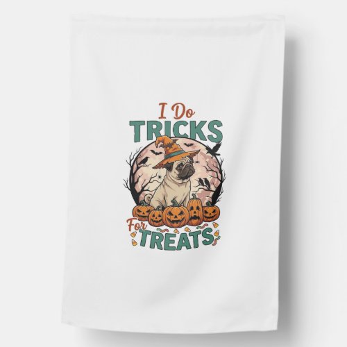 Do Tricks Treats Halloween Pug Witch Hat Pumpkins_ House Flag