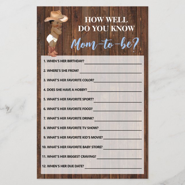 Do You Know Mom AA Cowboy Shower Game Card Flyer (Front)
