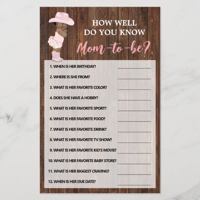 Do You Know Mom AA Cowgirl Shower Game Card Flyer (Front)