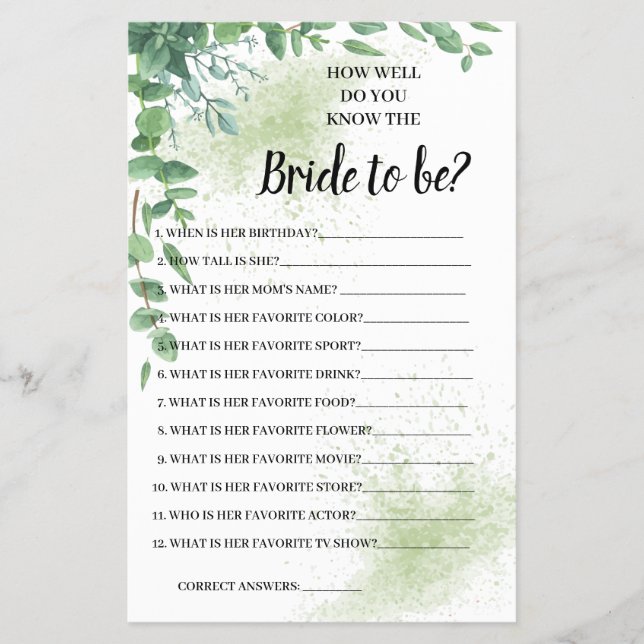 Do you know the Bride Eucalyptus Shower Game Card Flyer (Front)