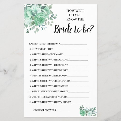 Do you know the Bride GreenRoses Shower Game Card Flyer