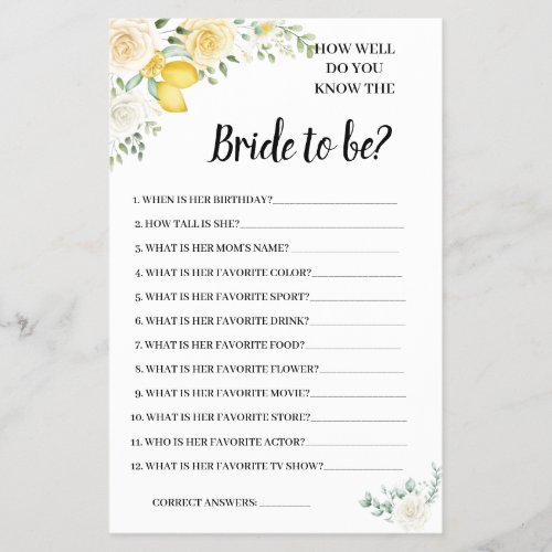 Do you know the Bride LemonRoses Shower Game Card Flyer