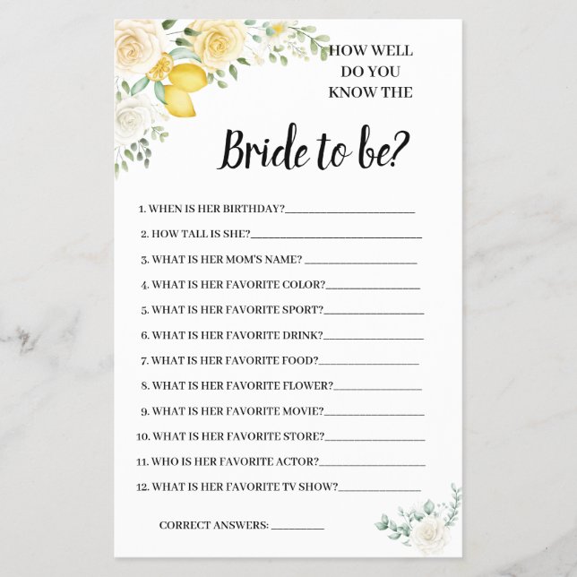 Do you know the Bride Lemon&Roses Shower Game Card Flyer (Front)
