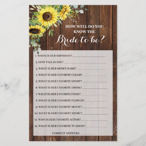 Do you know the Bride Sunflowers Shower Game Card Flyer