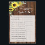 Do you know the Bride Sunflowers Shower Game Card Flyer<br><div class="desc">Sunflowers Greenery Country Western Rustic Bridal Shower Design. For additional changes (other wording,  font color,  font style,  background,  add additional information or photos),  click on personalize,  scroll down and click on the link "Edit using Design Tool". ** Check the collection for all matching designs.**</div>
