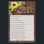 Do you know the Bride Sunflowers Shower Game Card Flyer<br><div class="desc">Sunflowers Greenery Country Western Rustic Bridal Shower Design. For additional changes (other wording,  font color,  font style,  background,  add additional information or photos),  click on personalize,  scroll down and click on the link "Edit using Design Tool". ** Check the collection for all matching designs.**</div>