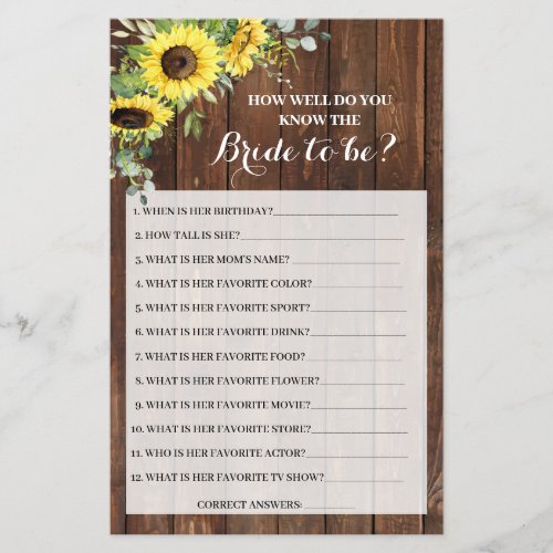 Do you know the Bride Sunflowers Shower Game Card Flyer