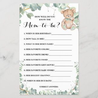 Do you know the Mom Shower Bear Greenery Game Card Flyer