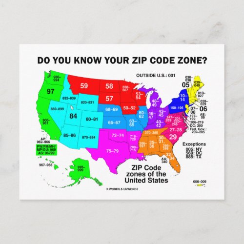 Do You Know Your Zip Code Zone US Map Postcard