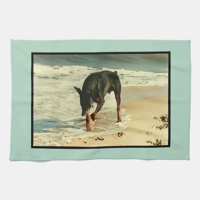 Doberman at the Beach Painting Image Kitchen Towel (Horizontal)