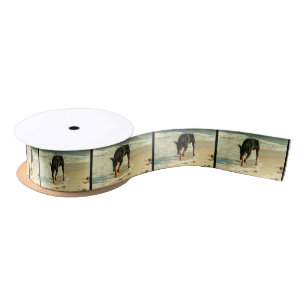 Doberman at the Beach Painting Image Satin Ribbon