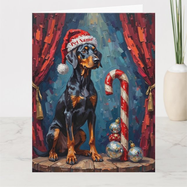 Doberman Balancing Act Christmas Candy Cane Hat Card (Front)