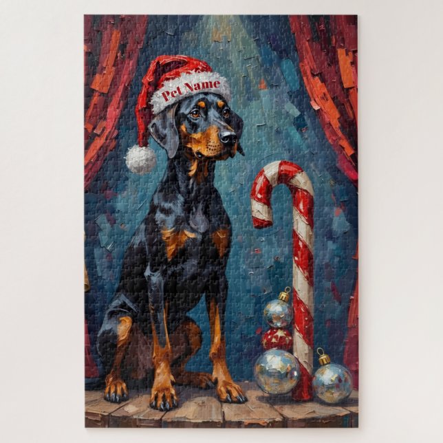 Doberman Balancing Act Christmas Candy Cane Hat Jigsaw Puzzle (Vertical)