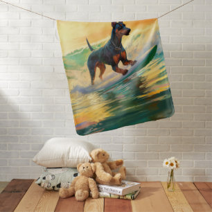 Doberman Beach Surfing Painting Baby Blanket