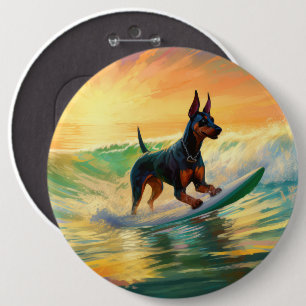 Doberman Beach Surfing Painting Button