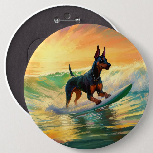 Doberman Beach Surfing Painting Button (Front & Back)