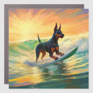 Doberman Beach Surfing Painting Car Magnet
