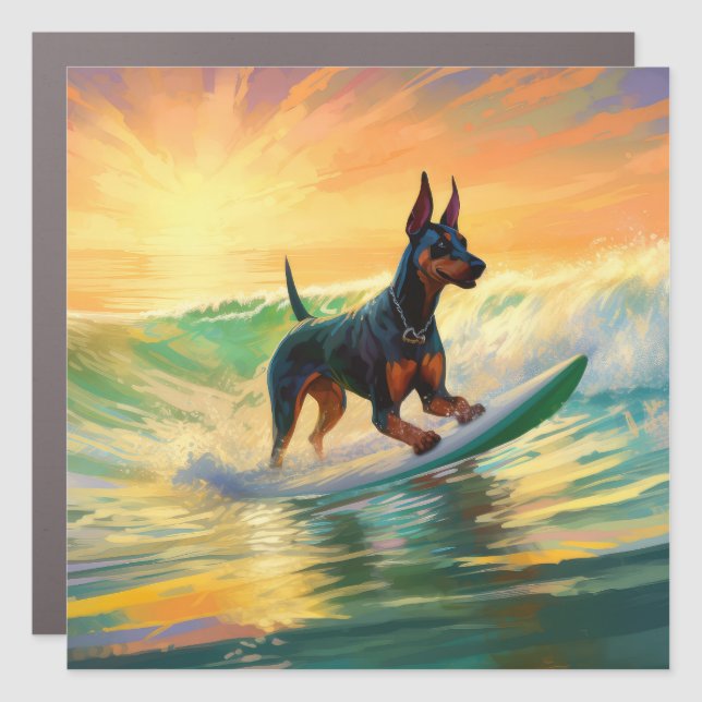 Doberman Beach Surfing Painting Car Magnet (Front)
