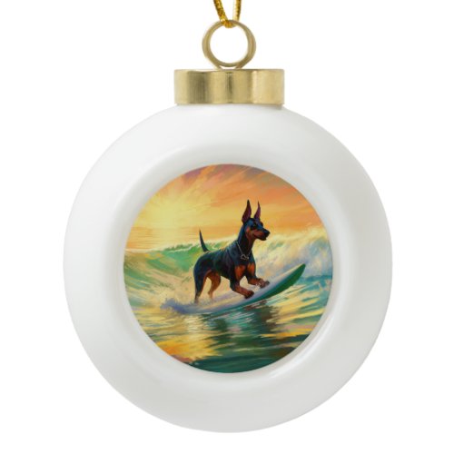 Doberman Beach Surfing Painting Ceramic Ball Christmas Ornament