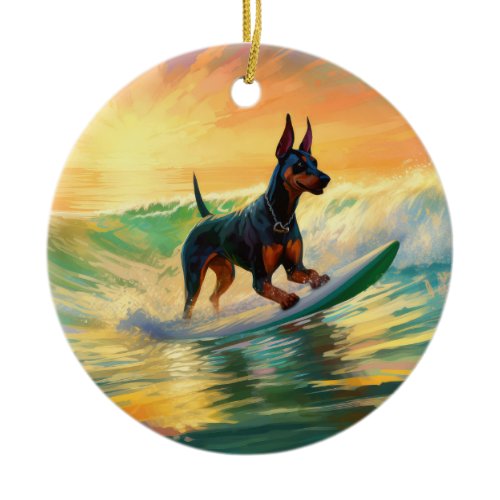 Doberman Beach Surfing Painting Ceramic Ornament