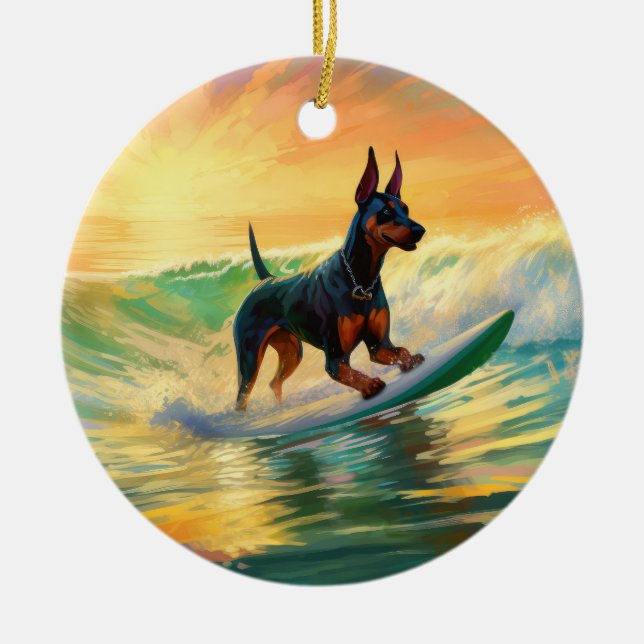 Doberman Beach Surfing Painting Ceramic Ornament (Front)