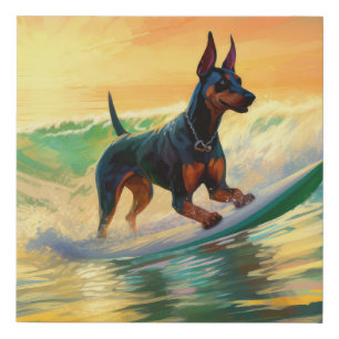 Doberman Beach Surfing Painting Faux Canvas Print