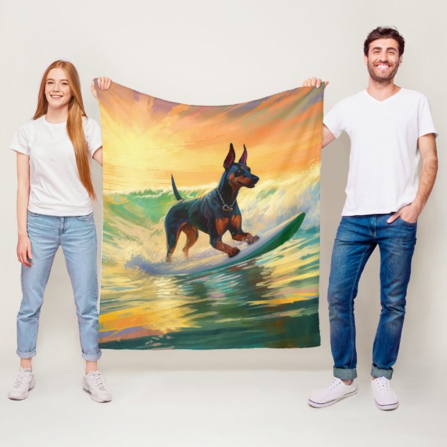 Doberman Beach Surfing Painting Fleece Blanket (In Situ)