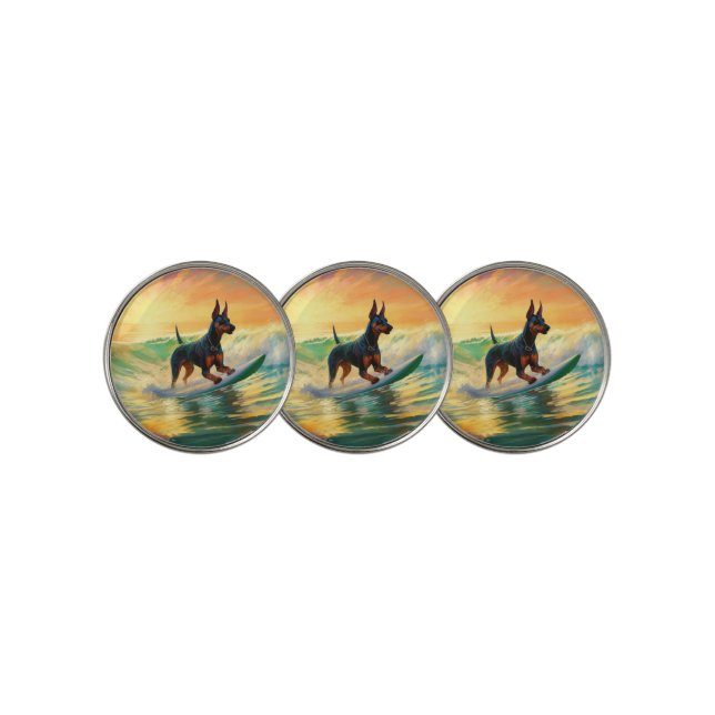 Doberman Beach Surfing Painting Golf Ball Marker (3 Up)