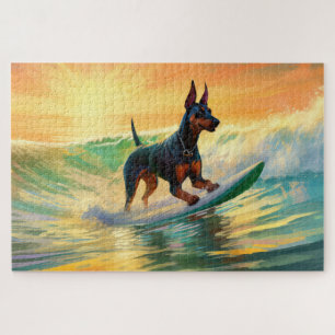 Doberman Beach Surfing Painting Jigsaw Puzzle