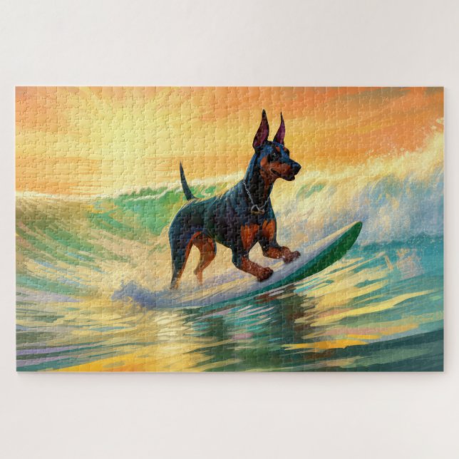 Doberman Beach Surfing Painting Jigsaw Puzzle (Horizontal)